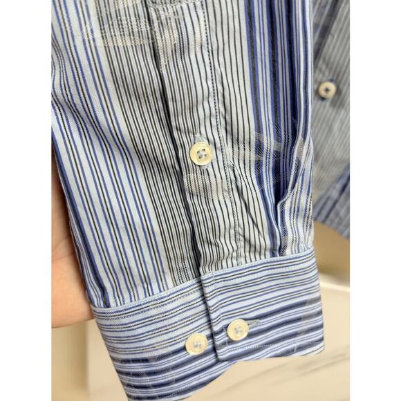 Tommy Bahama Men's Silk Blend Shirt L Blue Stripe Palm Leaf Print Button Front - Picture 6 of 7